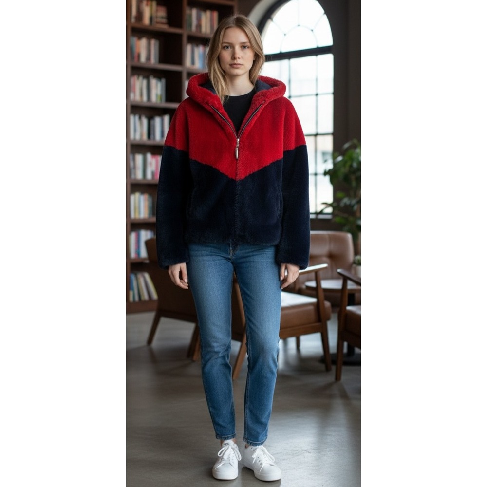 Tommy Hilfiger Women Hooded Colorblock Faux Plush Fur Oversized Teddy Jacket SzS